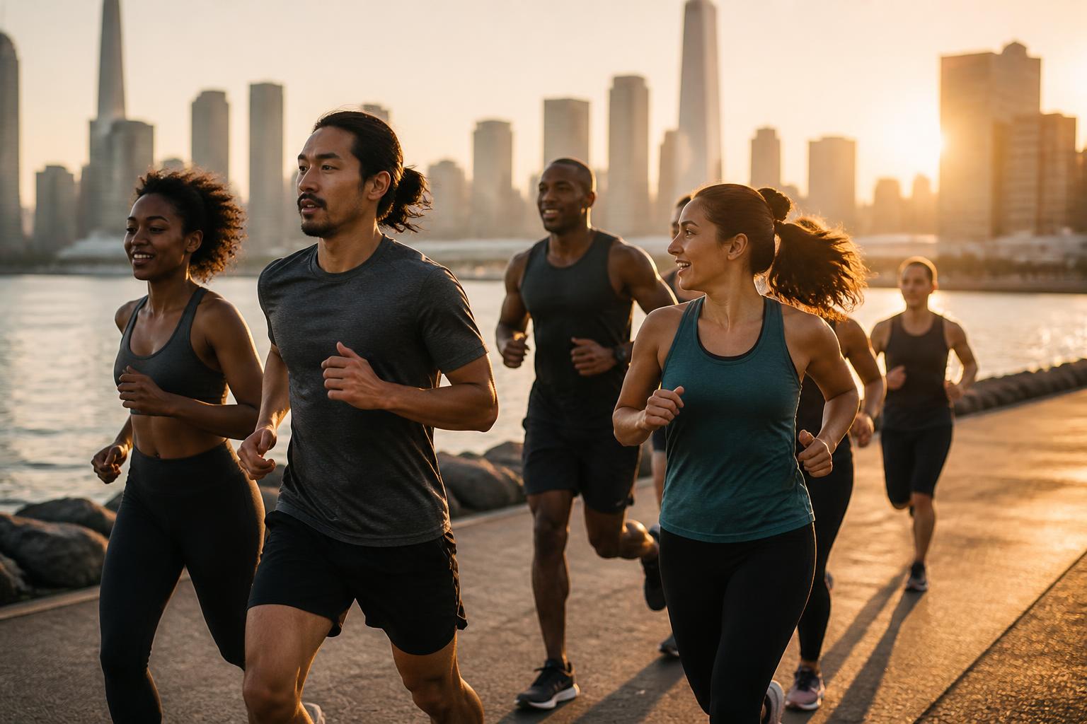 Diverse group of runners jogging together along an urban waterfront at sunrise